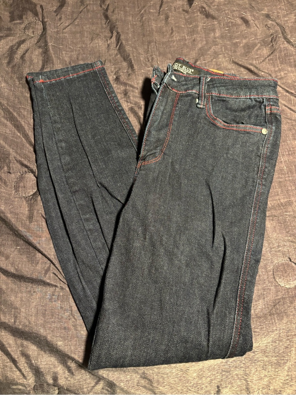 Judy Blue Dark Indigo Straight Jeans with Red Stitching and Heart Pockets